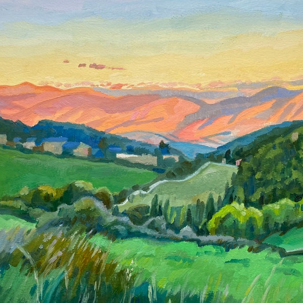 Coucher de soleil dans les Pyrénées, peinture à l'huile sur papier, paysage de montagne catalane, oeuvre d'art originale, peinture de paysage par Veronika Rudez 10 "x 14"