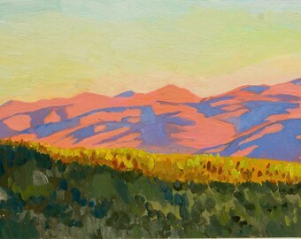 Magic Hour in the Pyrenees, Original oil painting,  Catalonia, Spain, Mountain Landscape on paper, 9"x5" by Veronika Rudez