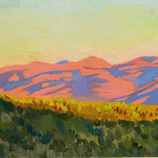 Heure magique dans les Pyrénées, peinture à l'huile originale, Catalogne, Espagne, paysage de montagne sur papier, 23 x 15 cm par Veronika Rudez