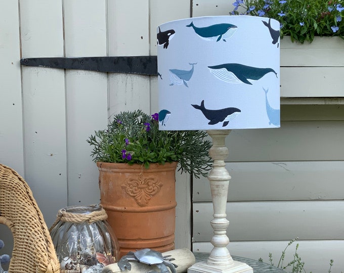 Whales Coastal Decor Lamp Shade on Cool Grey for Seaside,Farmhouse or Cottage Home Decor, Nursery in Sophie Allport Fabric