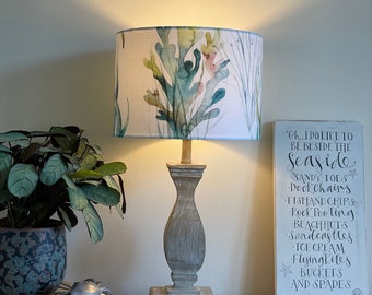 Coastal CORAL REEF Lampshade for Beach Cottage Decor with Kelp Green Coloured Coral. Voyage Maison Riviera “Coral Reef” Kelpie Fabric.