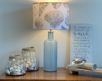 Coastal Seashells Lampshade for Beach Cottage Decor with Slate Grey and Pastel Shells.Voyage Maison Riviera "Rockpool" Slate Fabric.