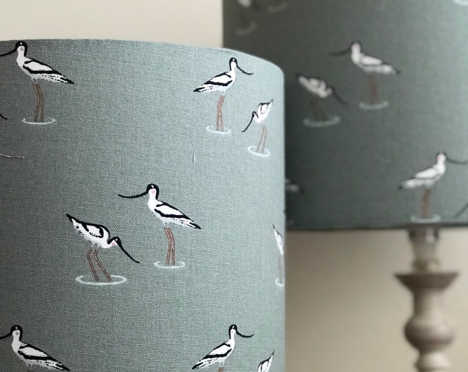 Coastal Birds Lamp Shade on Green Grey Fabric for Seaside,Farmhouse or Cottage Home Decor,Wading Birds,Table Lamp,Lighting,Sophie Allport