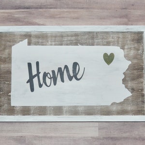 Custom home state sign with heart over city wood sign