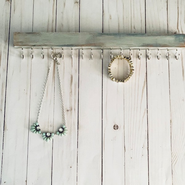 Handmade Wall Mount Jewelry Hanger – Light Gray & Blue, 17 Hooks