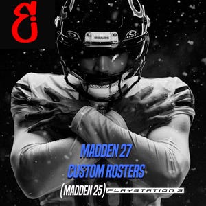 Pode incluir: Uma imagem a preto e branco de um jogador de futebol americano com um capacete com a palavra BEARS na frente. O texto MADDEN 27 CUSTOM ROSTERS (MADDEN 25) PLAYSTATION 3 é exibido em azul e branco sobre a camisola branca e braços cruzados.