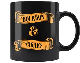 Bourbon and Cigars Mug – Minimalist Black Ceramic, Whiskey Gift