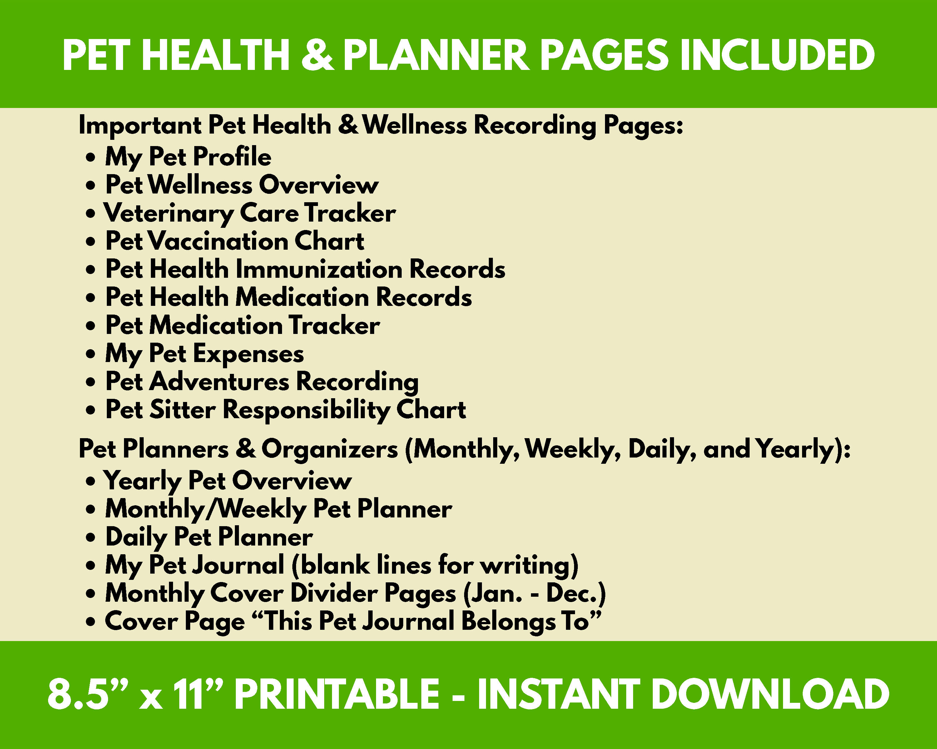 Pet Health Care Record & Planner Printable for Dogs and Cats Forms