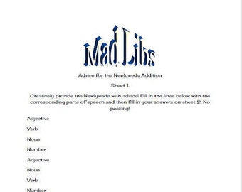 Op de afbeelding: Een printbaar Mad Libs-spelblad voor pasgetrouwden. Het blad heeft de titel "Advice for the Newlyweds Addition" en een lijst met woorden om in de lege plekken te vullen.