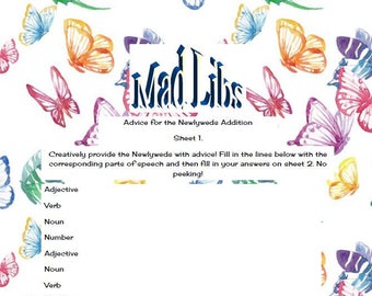 Op de afbeelding: Een afdrukbaar Mad Libs-spelblad met een kleurrijke vlinderachtergrond. Het blad is getiteld "Advies voor de pasgetrouwden" en bevat een lijst met woorden om in de lege plekken te vullen.