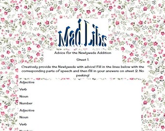 Op de afbeelding: Een afdrukbaar Mad Libs-spelblad met een bloemige achtergrond. De titel is "Advice for the Newlyweds Addition" en het bladnummer is "Sheet 1". De spelinstructies zijn om de lege plekken in te vullen met de bijbehorende woordsoorten.