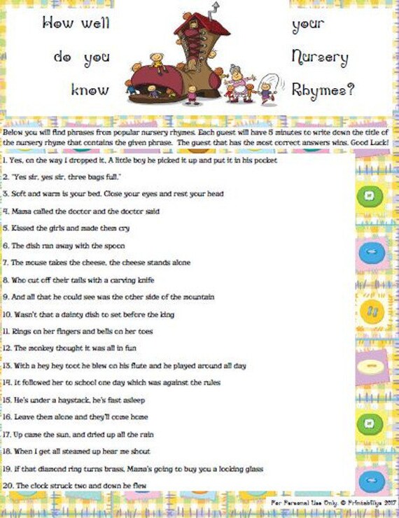 Baby Shower Nursery Rhymes Game Answers Chevron Nursery Rhyme Quiz
