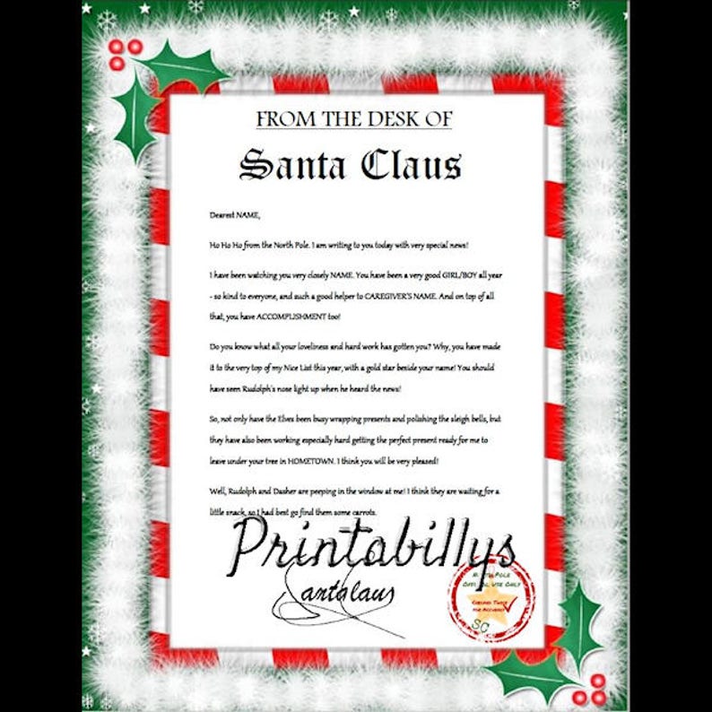 Personalized Letter From Santa - Digital File Download - Etsy
