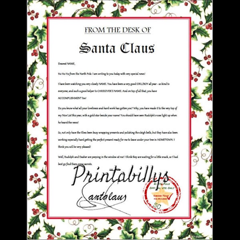 Personalized Letter From Santa - Digital File Download - Etsy