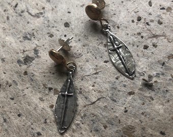 Rustic Cross Earrings - Artisan Sterling and Bronze - Christian Gift - Christian Jewelry - Catholic Gift - Two Tone Jewelry