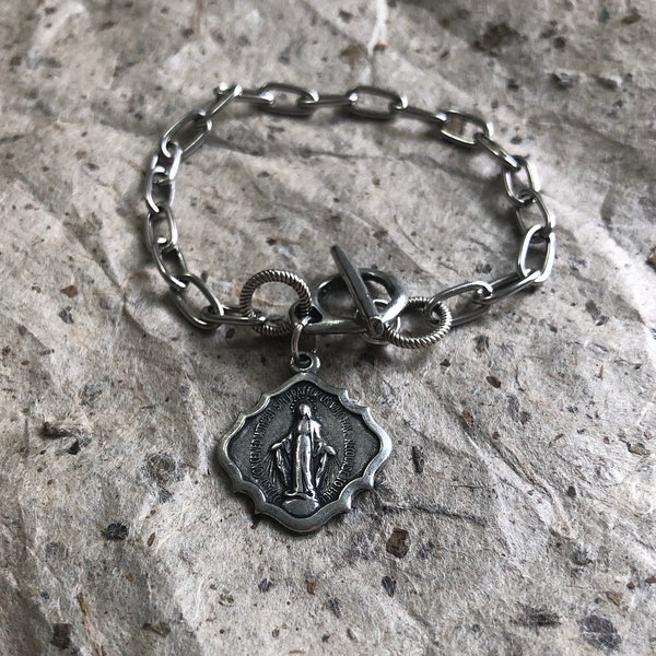 Miraculous Medal Chain Bracelet - Antiqued Silver - Consecration Chain - Gift for Catholic - Marian Devotion - Gift for Women