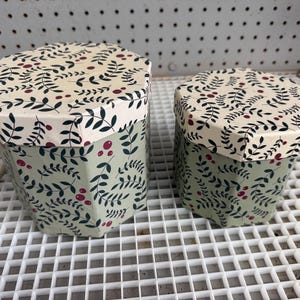 May include: Two hexagonal storage boxes of different sizes featuring a light green base color and a cream-colored lid. Both containers are decorated with a repeating pattern of dark green leafy branches and small red berries across the entire surface.