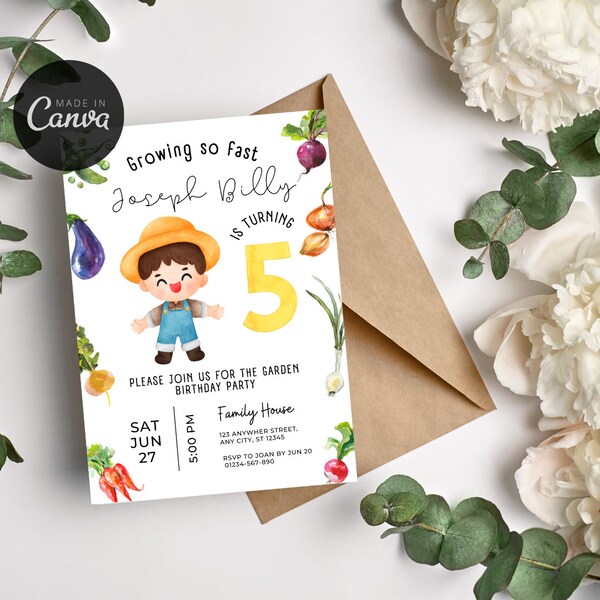 EDITABLE Gardening Boy 5th Party Birthday Invitation | Invite, Farmers Market Birthday Invite, Editable Instant Download | Vegetables