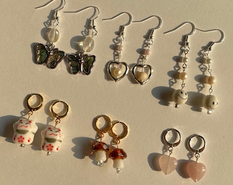 coquette dangle drop earrings! cottagecore, mushroom, kidcore, gift, cat, crystal, butterfly, pearl, huggies, y2k, indie, retro, room decor