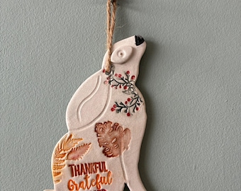 Handmade Ceramic Hanging Hare | Woodland Pottery | Autumn Decoration | One of a Kind | Thankful, Grateful, Blessed