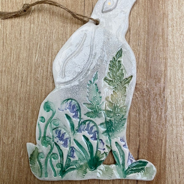 Made To Order: Handmade 2-d ceramic moon gazing hare decoration (bluebells & ferns)