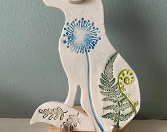 Handmade 2-d ceramic cunning fox  decoration (small dandelion) on a stand