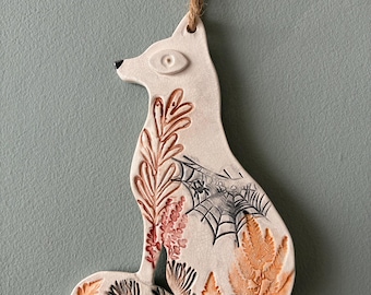 Handmade Ceramic Hanging Fox | Woodland Pottery | Autumn Decoration | One of a Kind | Foliage & Cobweb