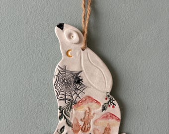 Handmade Ceramic Hanging Hare | Woodland Pottery | Autumn Decoration | One of a Kind | Toadstools & Cobweb