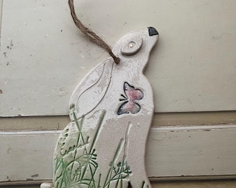Handmade hanging 2-d ceramic moon gazing hare decoration (butterfly)