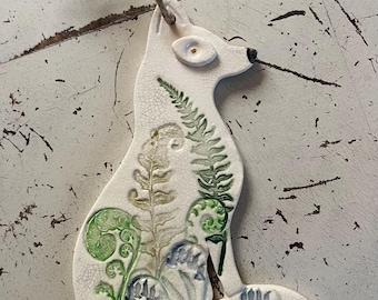Handmade hanging 2-d ceramic sitting fox decoration (bluebells & ferns)