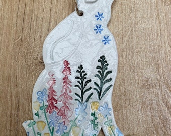 MADE TO ORDER Handmade 2-d ceramic moon gazing hare decoration (foxglove)