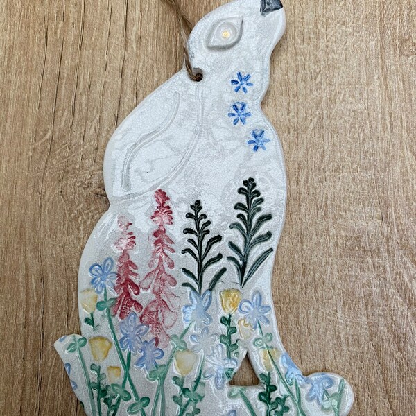 MADE TO ORDER Handmade 2-d ceramic moon gazing hare decoration (foxglove)