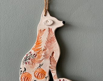 Handmade Ceramic Hanging Fox | Woodland Pottery | Autumn Decoration | One of a Kind | Pumpkins