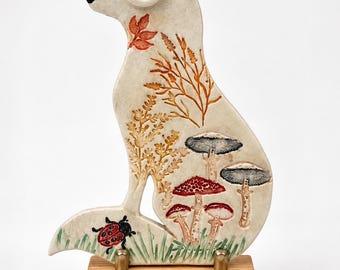 Handmade Ceramic Fox | Autumn Woodland Decoration | One of a Kind Pottery | Mushrooms & Ladybird