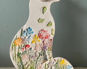Handmade 2-d ceramic cunning fox  decoration (country meadow with falling leaves) on a stand