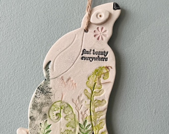 Handmade 2-d ceramic moon gazing hare decoration (‘find beauty everywhere’)