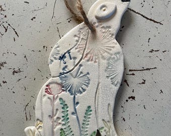 Handmade hanging 2-d ceramic moon gazing hare decoration (colourful dandelions)