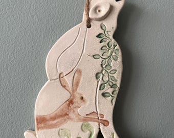 Handmade 2-d ceramic moon gazing hare decoration (hare with gold eye)