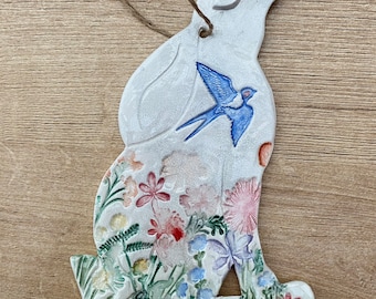 MADE TO ORDER Handmade 2-d ceramic moon gazing hare decoration (swallow)