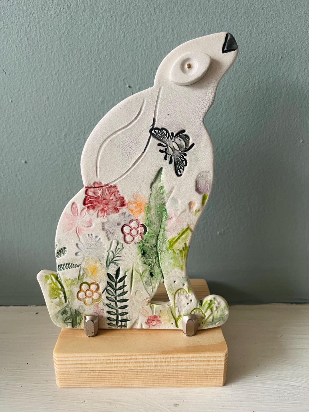 Handmade 2-d Ceramic Moon Gazing Hare Decoration ( Wildflowers and Bee ...