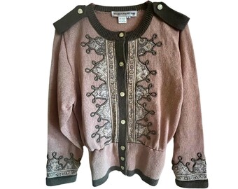 1970s Dusty Pink/Olive Green Embroidered Sweater Sz. M