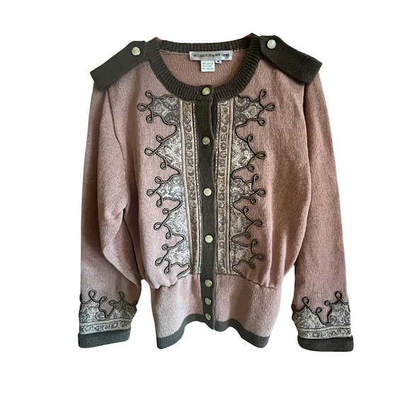 1970s Dusty Pink/Olive Green Embroidered Sweater S