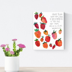 Vibrant Strawberry Watercolor with Verse Psalms 34:8