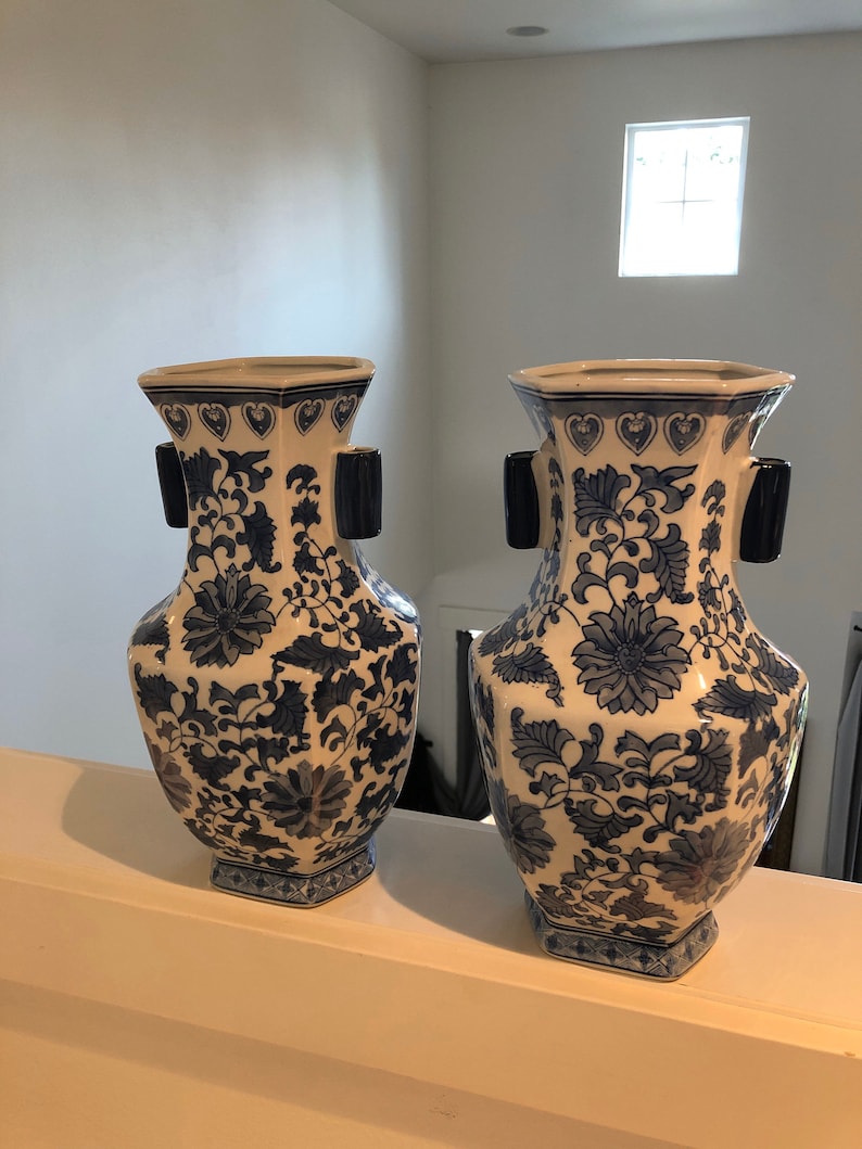 Pair of Blue and White Vases 13.5