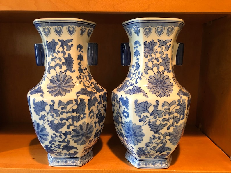 Pair of Blue and White Vases 13.5