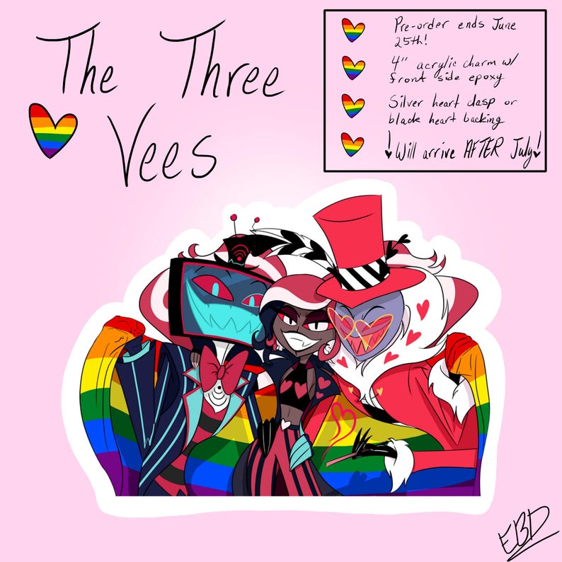 IN HAND Hazbin Hotel Three Vees Pride Month Acrylic Charms/pins - Etsy