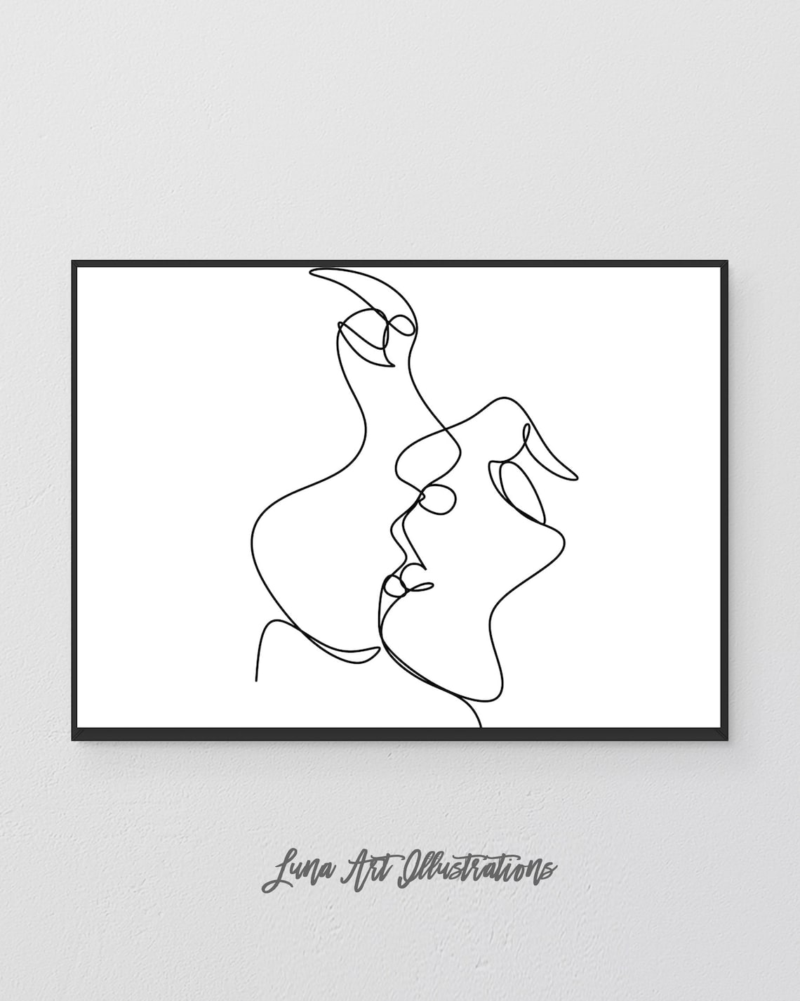 Abstract Love Line Art Couple Kiss Wall Art Line Drawing Etsy