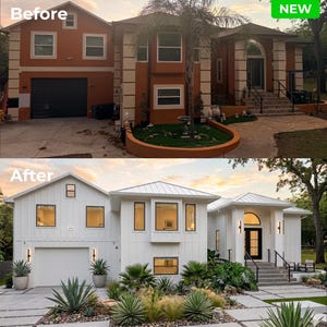 May include: Side-by-side comparison of a house before and after renovation. The "Before" image shows an orange stucco house. The "After" image displays a white house with a modern design, new landscaping, and a "NEW" tag.