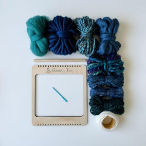 Beginners Weaving Kit in Lakeside - Frame Loom, Fibre Pack, Warp, Hanger and Tapestry Needle - DIY Woven Wall Hanging Pack