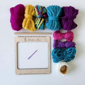 Beginners Weaving Kit in Party Time - Frame Loom, Fibre Pack, Warp, Hanger and Tapestry Needle - DIY Woven Wall Hanging Pack